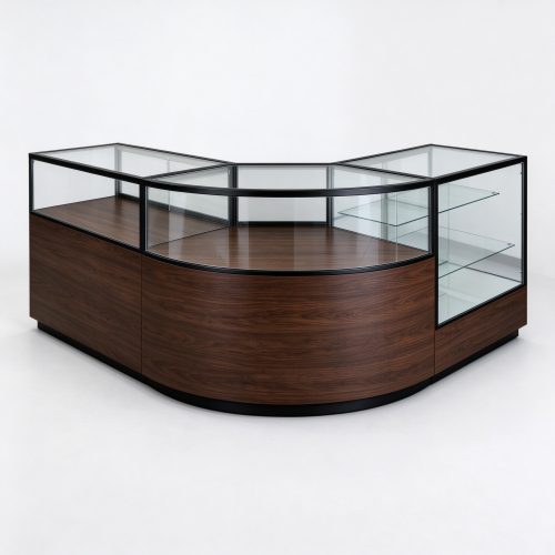 Dark walnut L-shaped curved jewelry display counter left 45 degree view