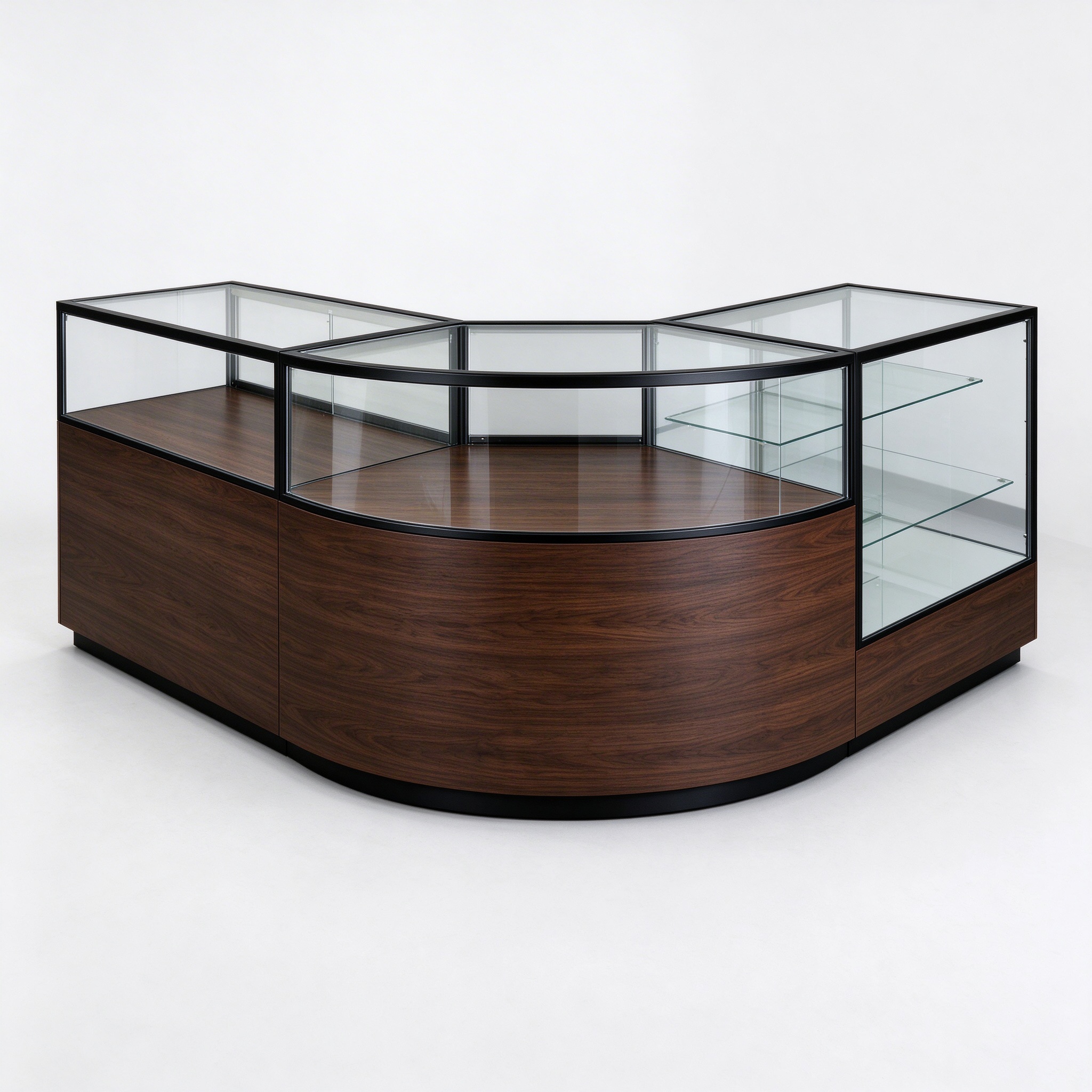 Dark walnut L-shaped curved jewelry display counter left 45 degree view