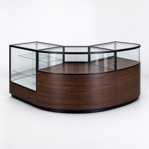 Dark walnut L-shaped curved jewelry display counter right 45 degree view