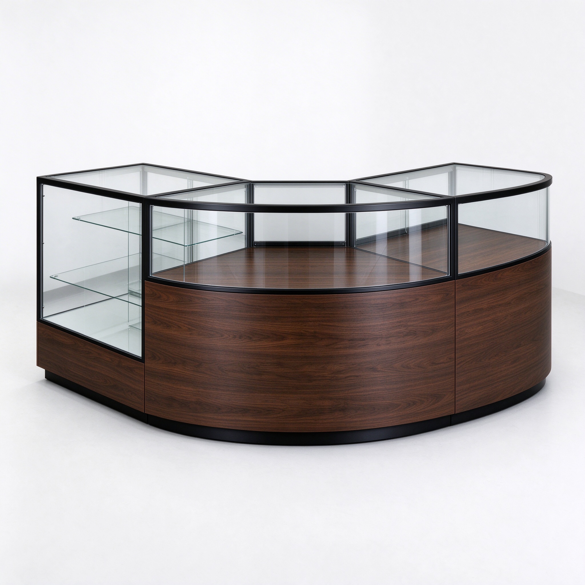 Dark walnut L-shaped curved jewelry display counter right 45 degree view