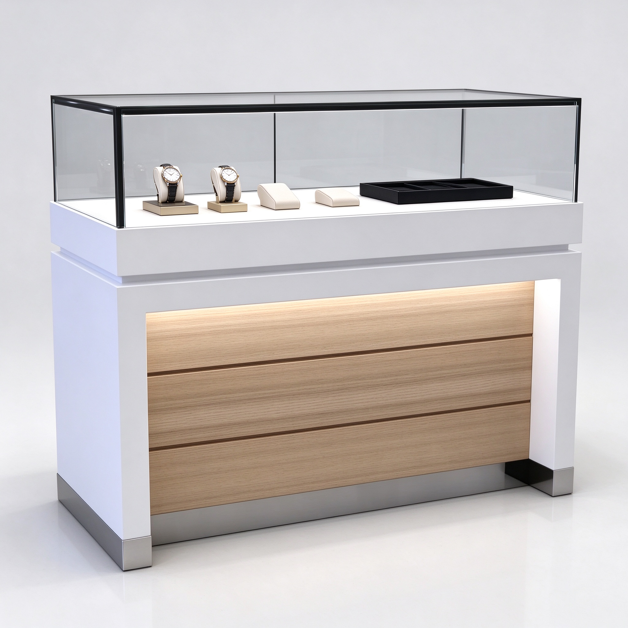 White watch display counter with light oak panel left 45 degree view