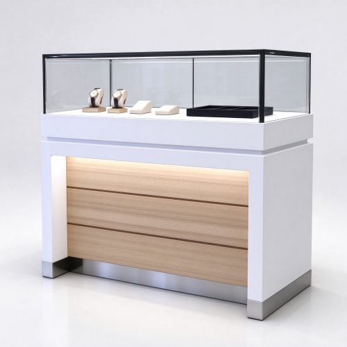 White watch display counter with light oak panel right 45 degree view