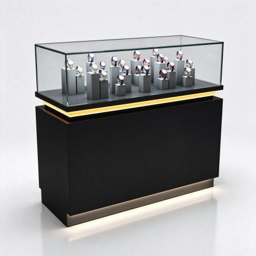 Black glass watch display counter with LED strip left 45 degree view