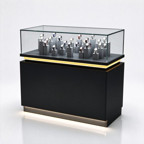 Black glass watch display counter with LED strip right 45 degree view