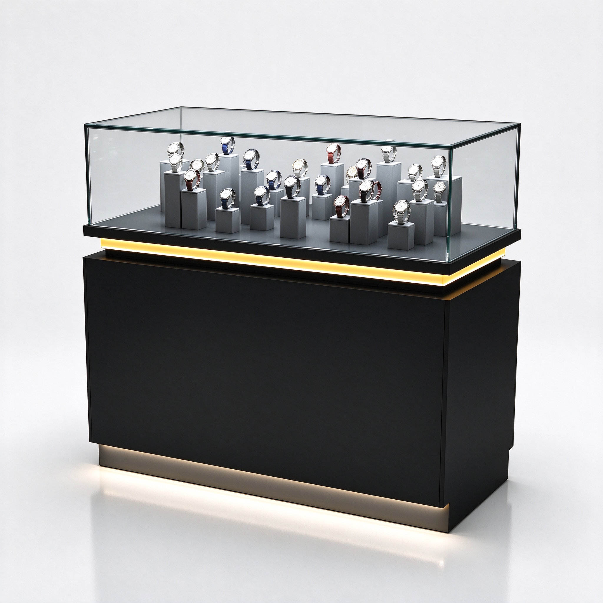 Black glass watch display counter with LED strip right 45 degree view