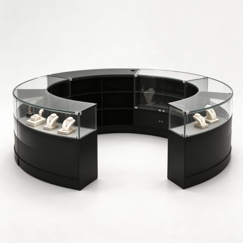 Black C-shaped glass display counter with wide entrance left 45 degree view