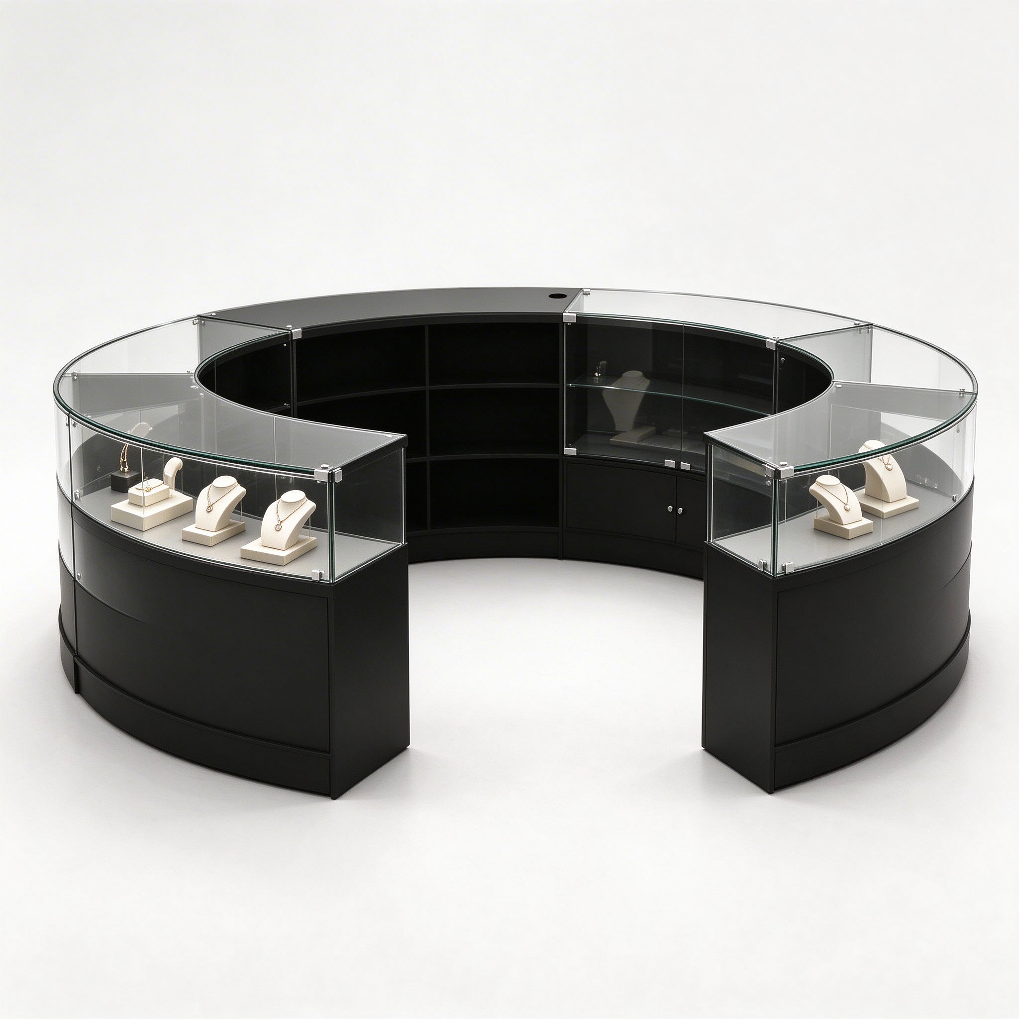 Black C-shaped glass display counter with wide entrance left 45 degree view