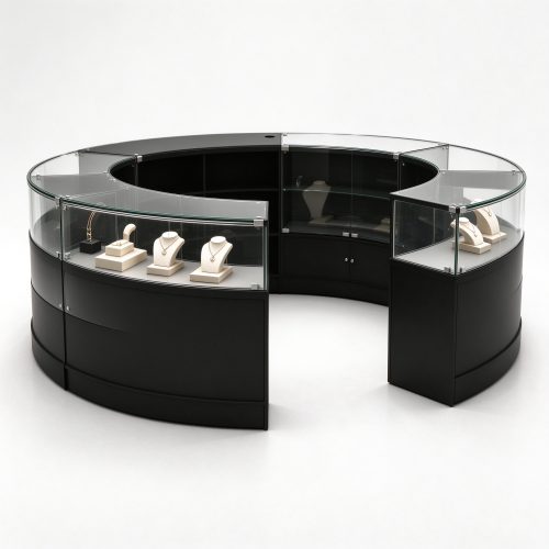 Black C-shaped glass display counter with wide entrance right 45 degree view