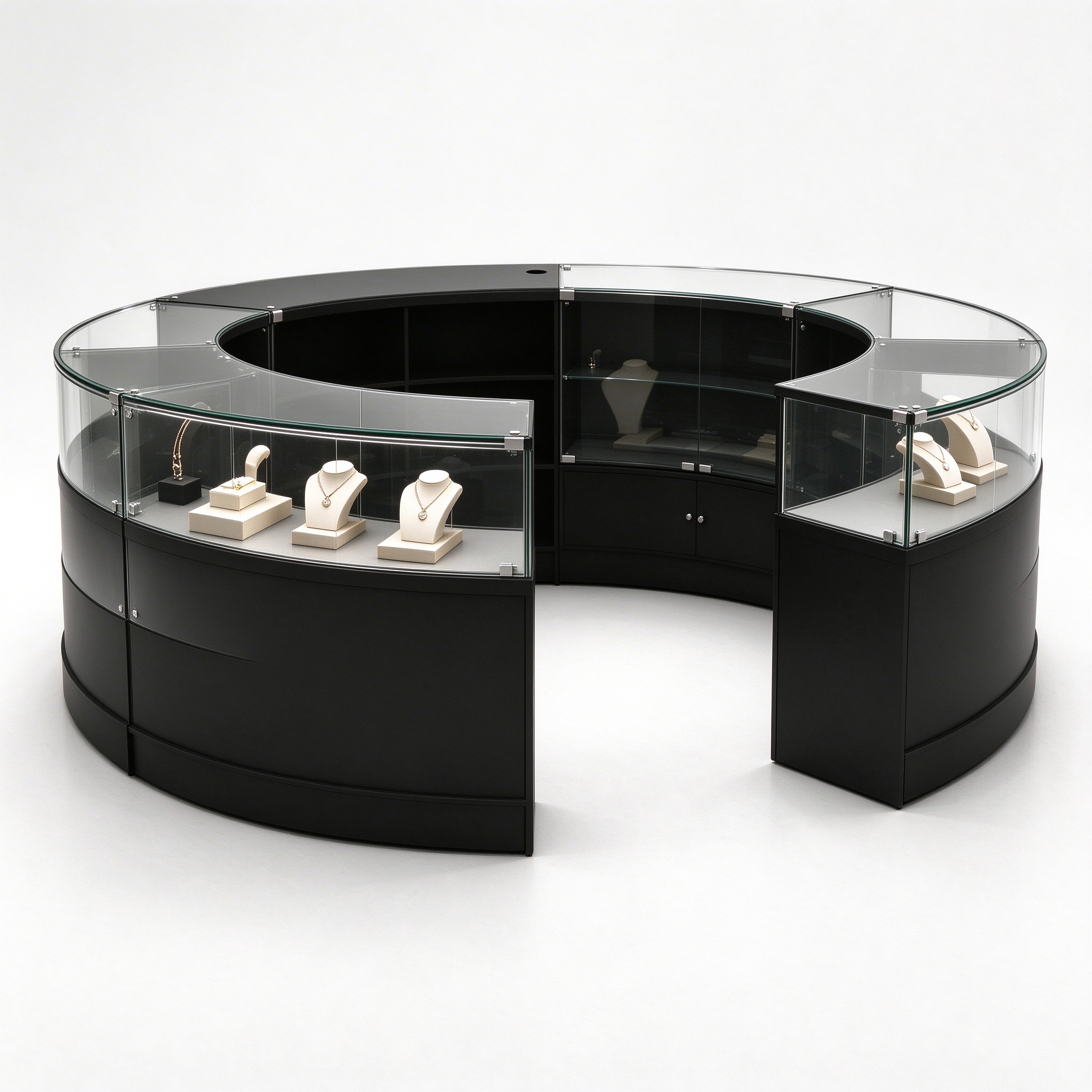 Black C-shaped glass display counter with wide entrance right 45 degree view