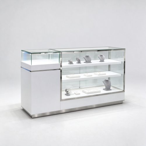 Compact white glass display counter with service end left 45 degree view
