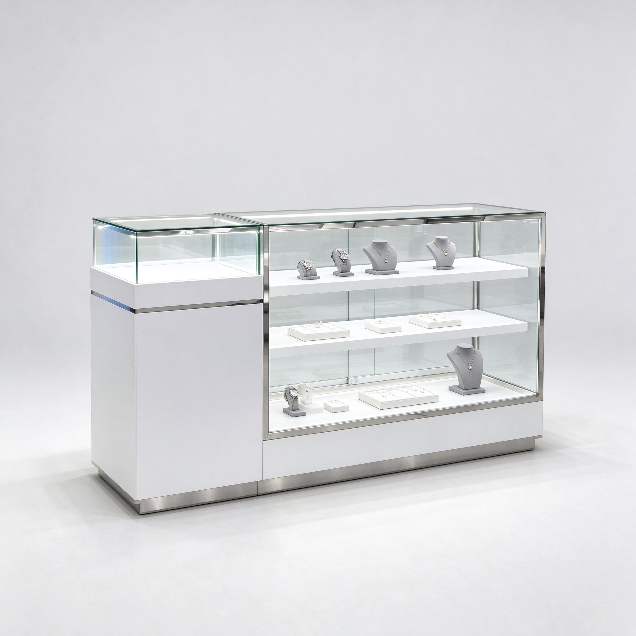 Compact white glass display counter with service end left 45 degree view