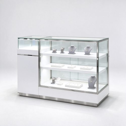 Compact white glass display counter with service end right 45 degree view