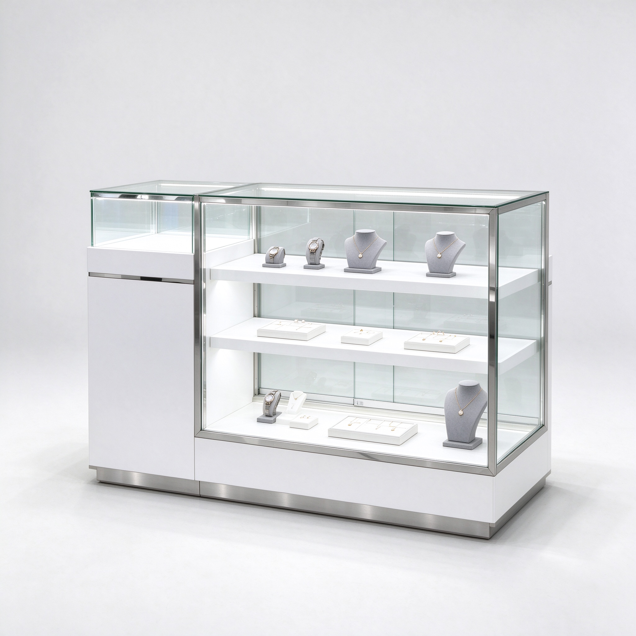 Compact white glass display counter with service end right 45 degree view