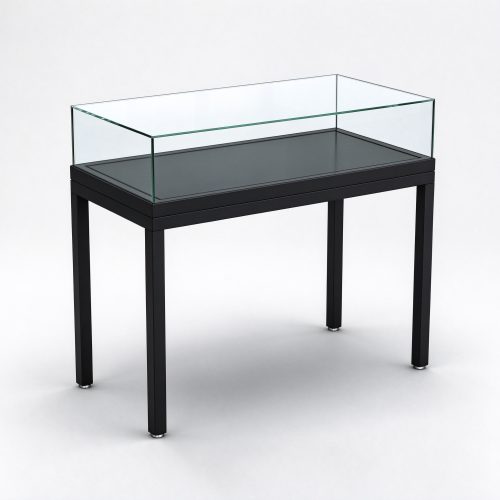 Black metal frame glass display table left 45 view