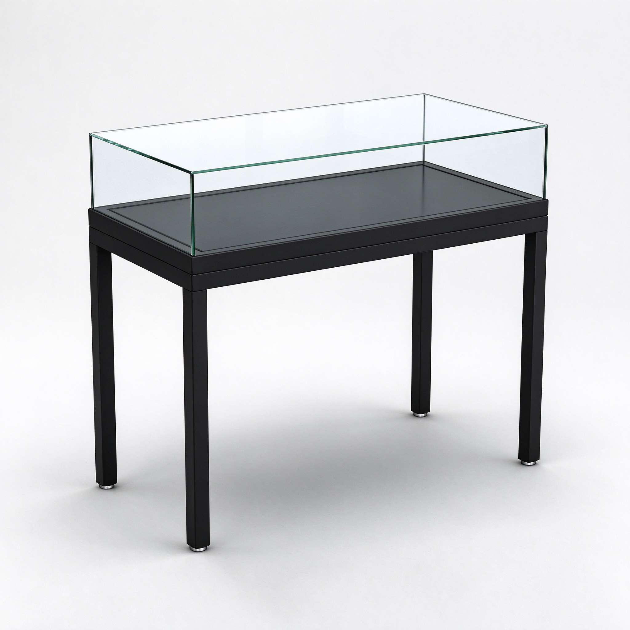 Black metal frame glass display table left 45 view