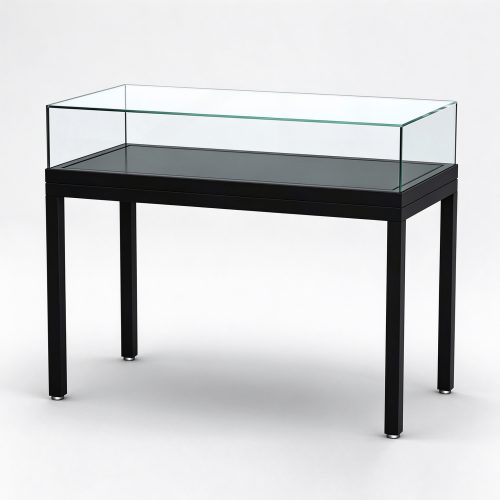 Black metal frame glass display table front angle view