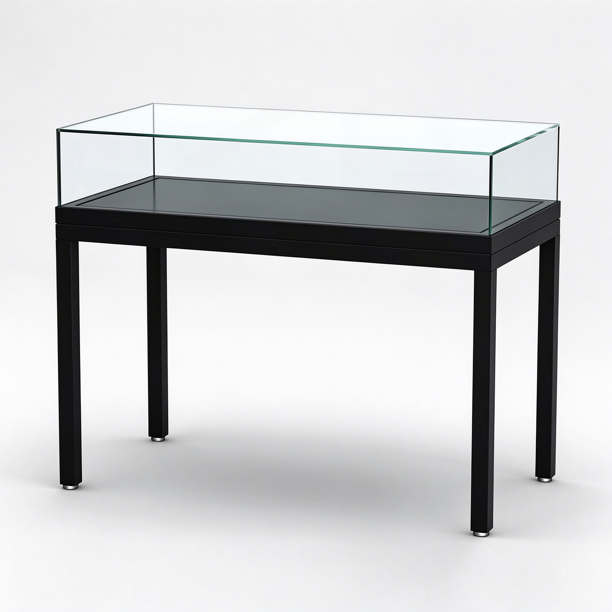 Black metal frame glass display table front angle view