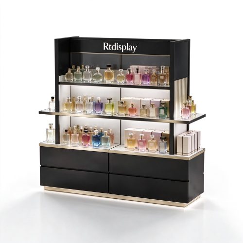Black and gold perfume display rack gondola left 45 degree view with perfume bottles