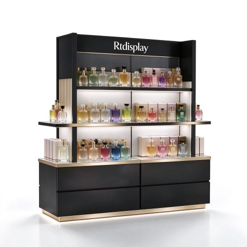 Black and gold perfume display rack gondola right 45 degree view with perfume bottles