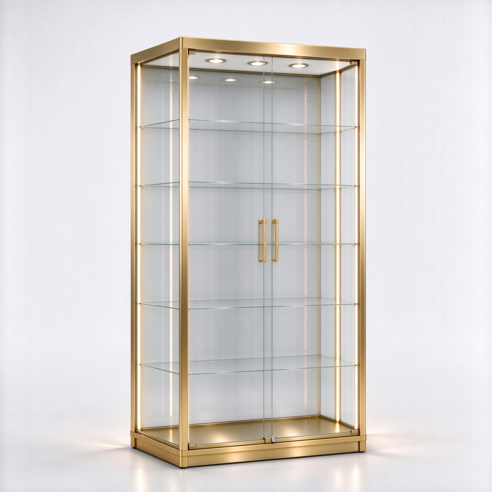 Backlit gold stainless steel glass display tower, left 45 degree view