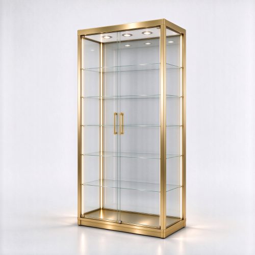 Backlit gold stainless steel glass display tower, right 45 degree view
