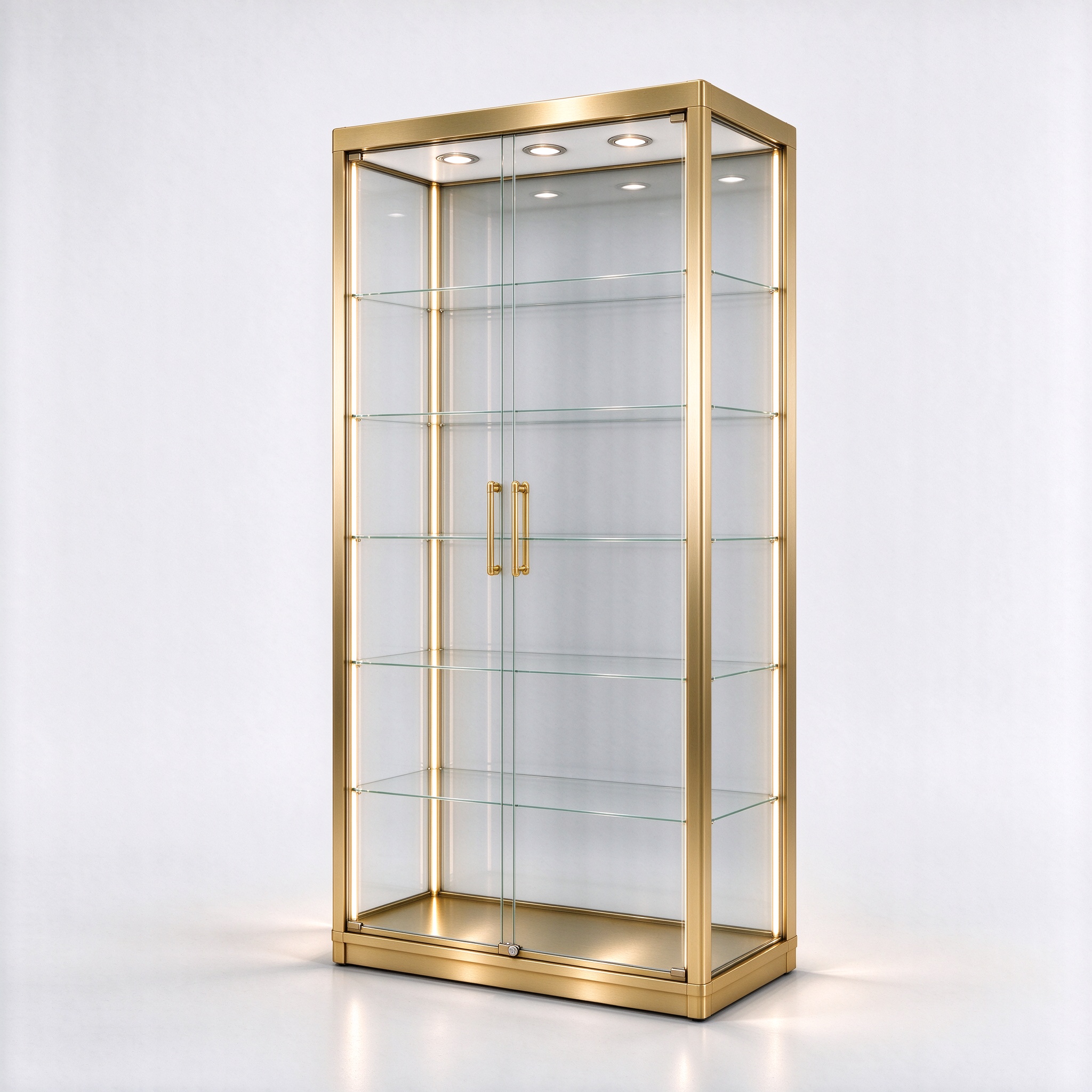 Backlit gold stainless steel glass display tower, right 45 degree view
