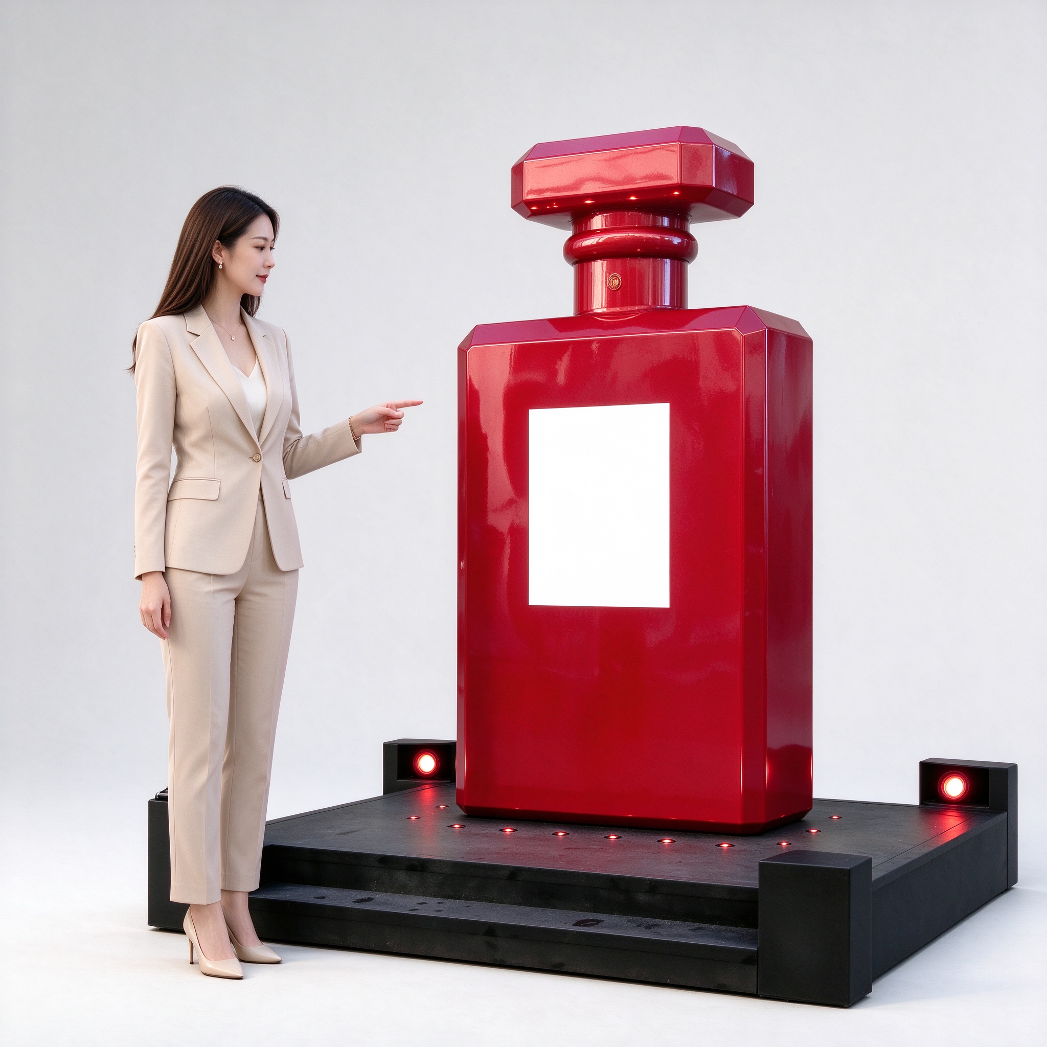 Giant red perfume bottle sculpture with woman for scale left 45 degree view