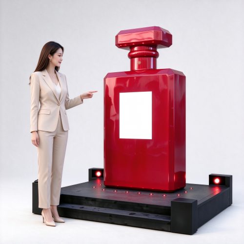 Giant red perfume bottle sculpture with woman for scale right 45 degree angle view