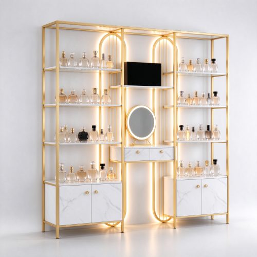 Gold metal frame perfume display rack left 45 degree angle view