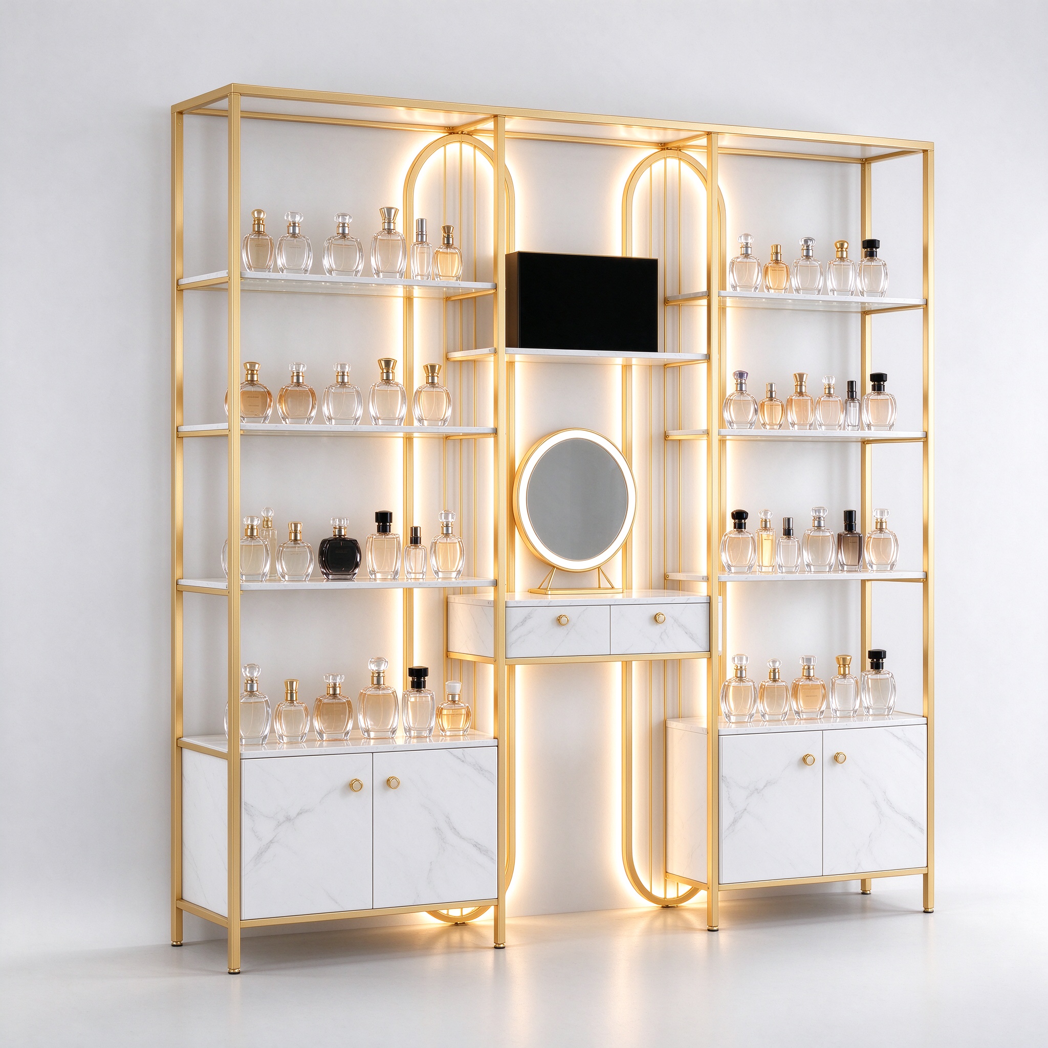 Gold metal frame perfume display rack left 45 degree angle view