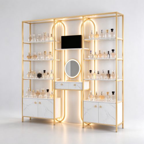 Gold metal frame perfume display rack right 45 degree angle view