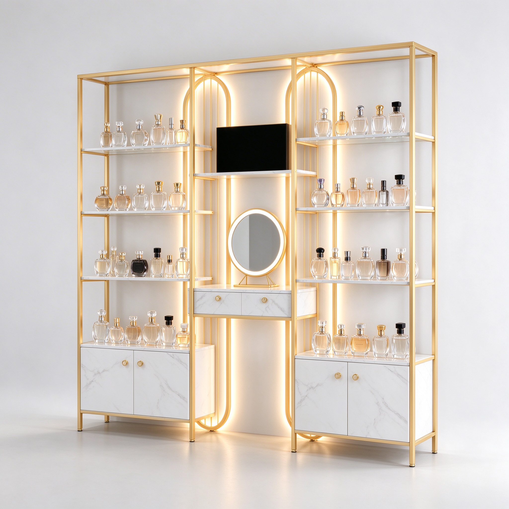 Gold metal frame perfume display rack right 45 degree angle view