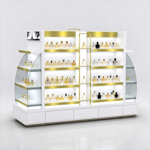 White gold trim double-sided perfume gondola left 45 degree angle view