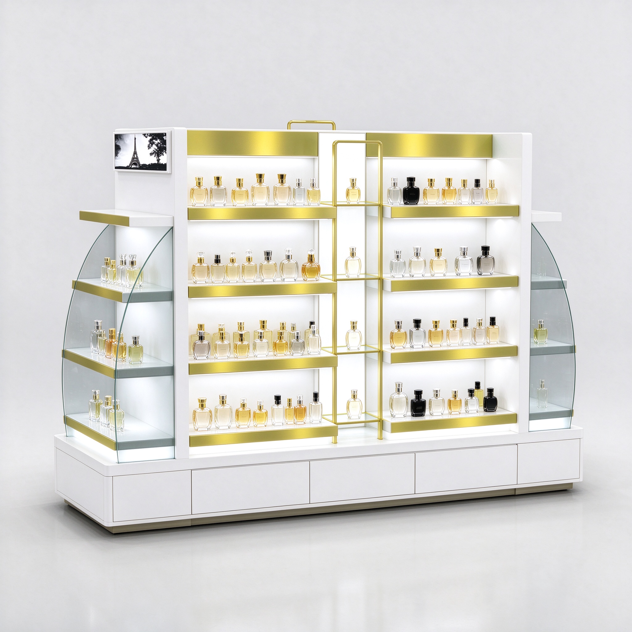 White gold trim double-sided perfume gondola left 45 degree angle view