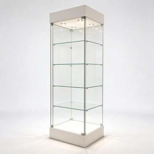 Tall full vision glass display showcase left 45 degree view