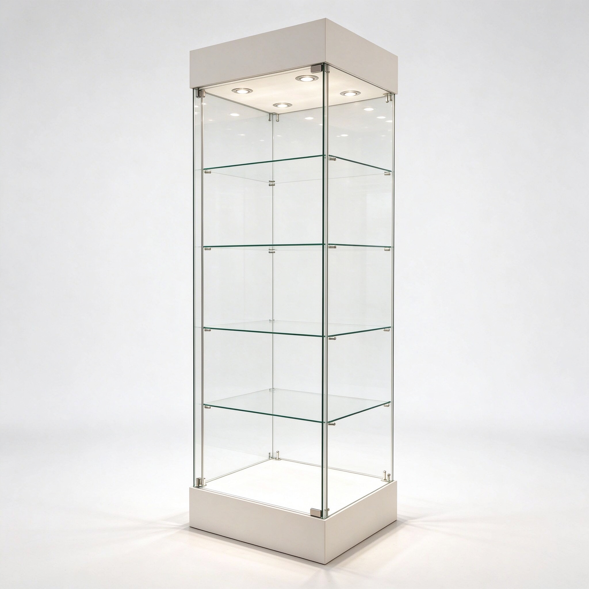 Tall full vision glass display showcase left 45 degree view