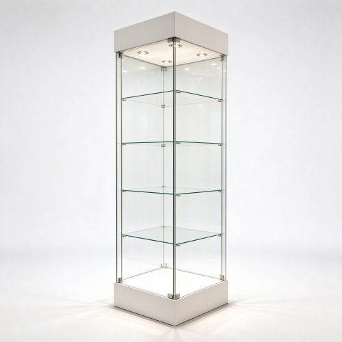 Tall full vision glass display showcase right 45 degree view