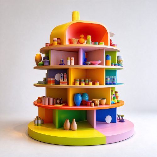 Colorful round multi-tier island display stand, left 45 degree view