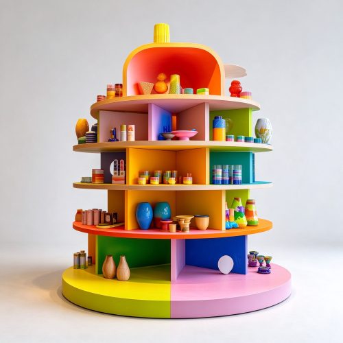 Colorful round multi-tier island display stand, right 45 degree view