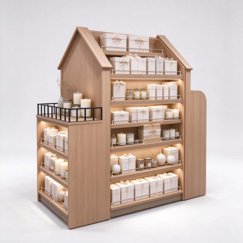 House-shaped oak island display shelf with gable peak, left 45 degree view