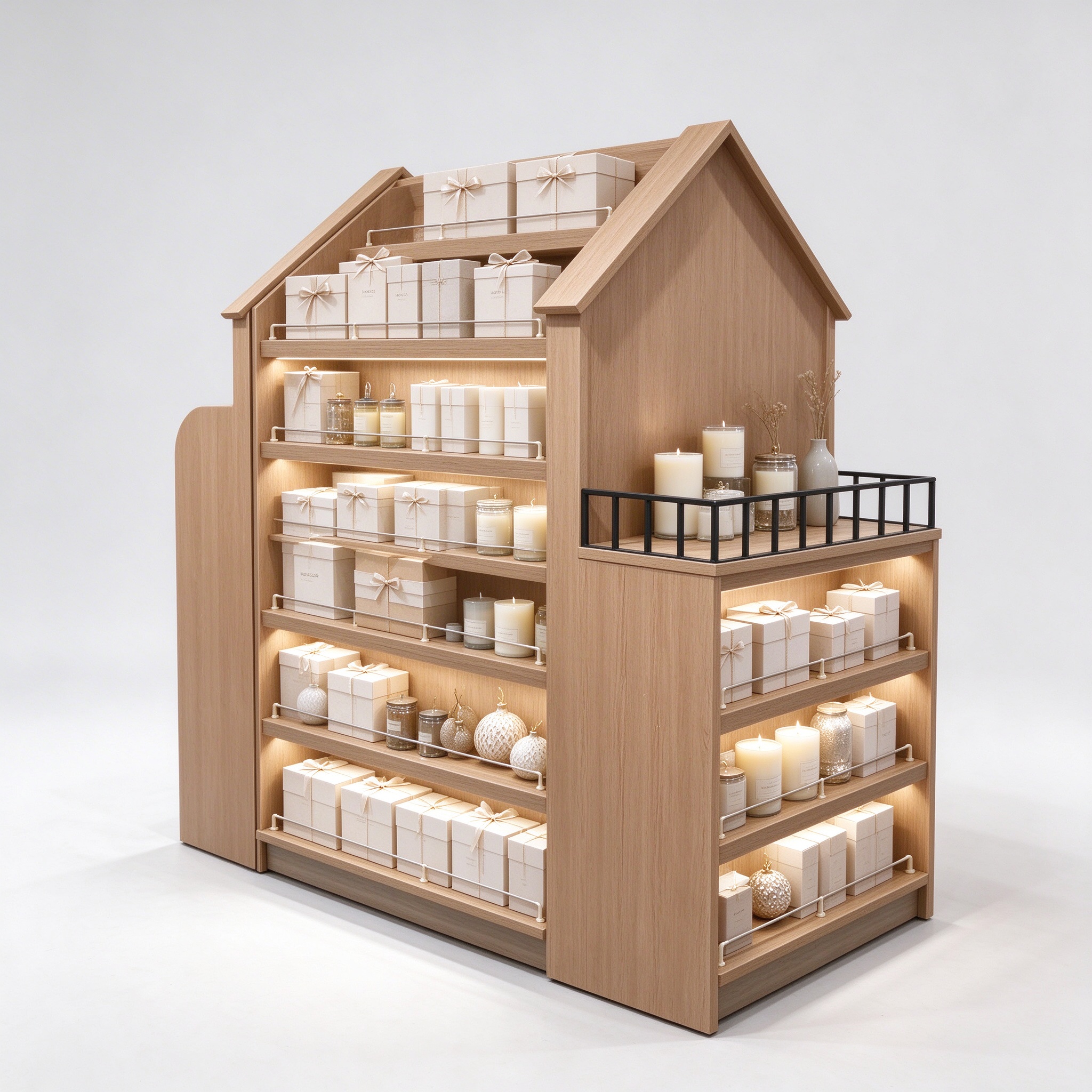 House-shaped oak island display shelf with gable peak, right 45 degree view