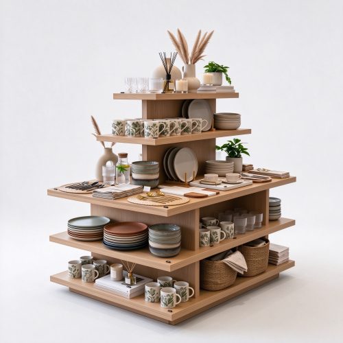 Oak stepped multi-tier island display table, left 45 degree view