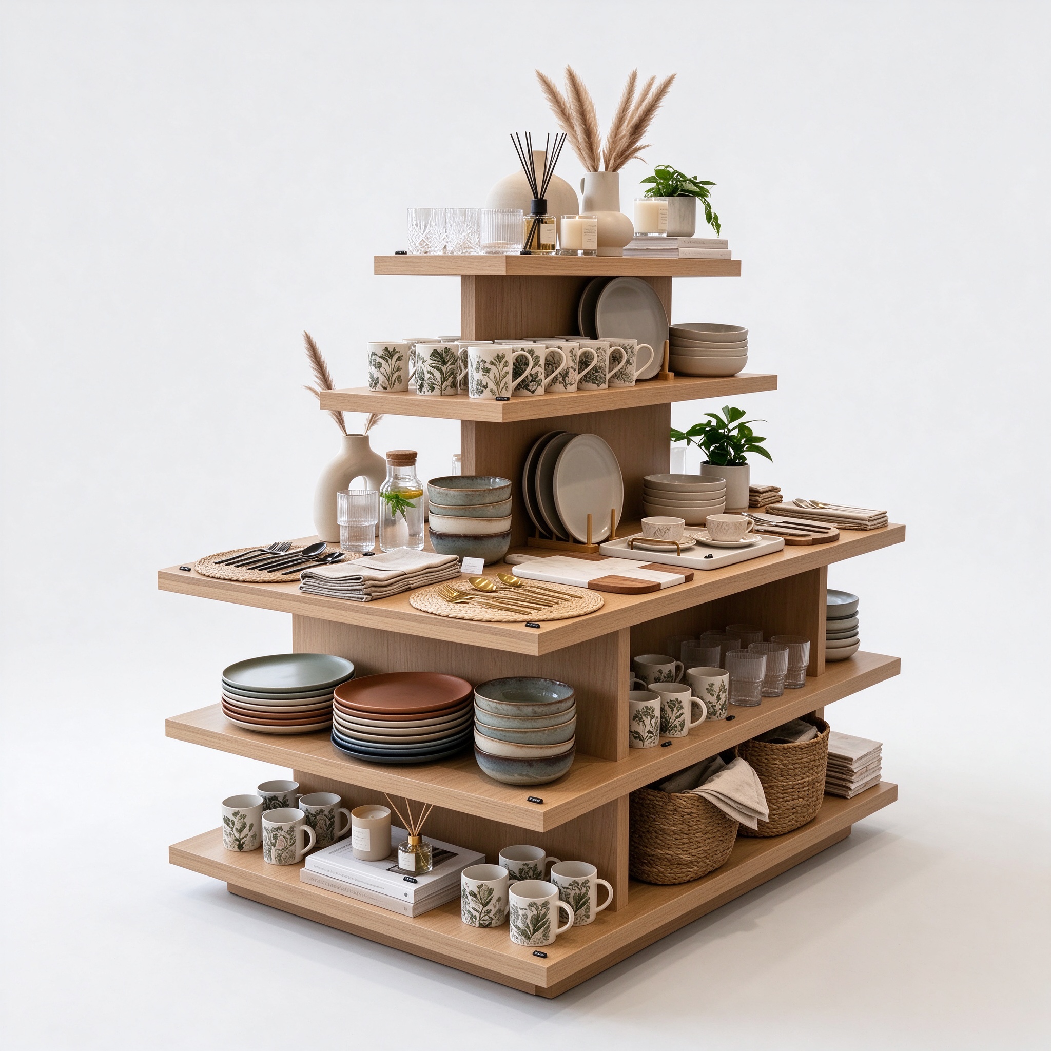 Oak stepped multi-tier island display table, right 45 degree view