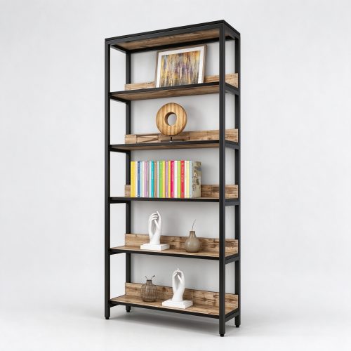 Industrial black metal and reclaimed wood 5-tier open shelf, right 45 degree view