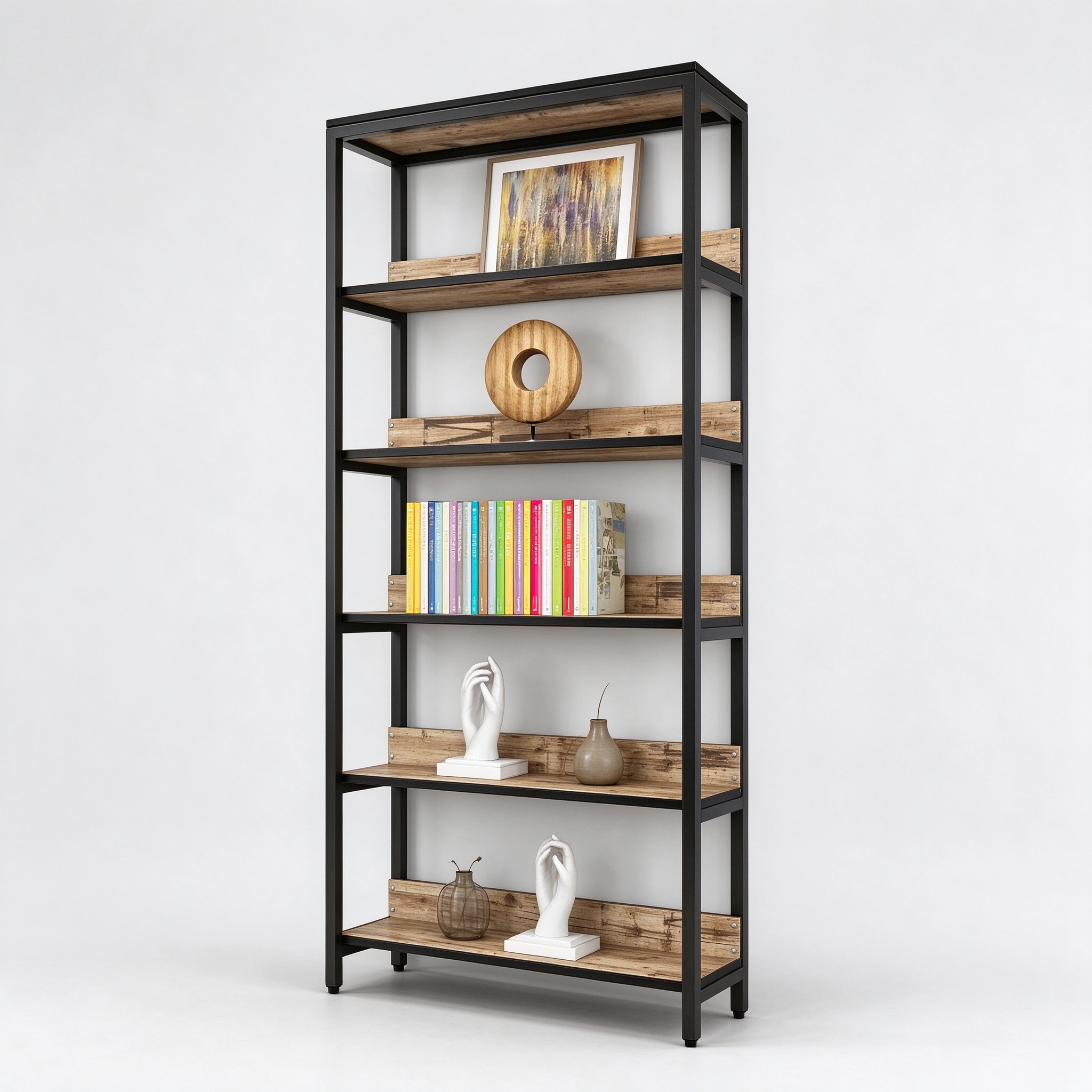 Industrial black metal and reclaimed wood 5-tier open shelf, right 45 degree view