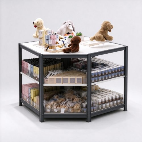 Lifestyle shop island display table, left 45 degree view