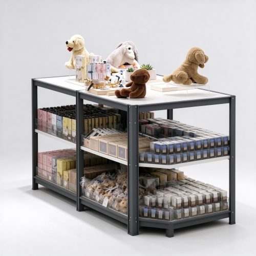 Lifestyle shop island display table, right 45 degree view