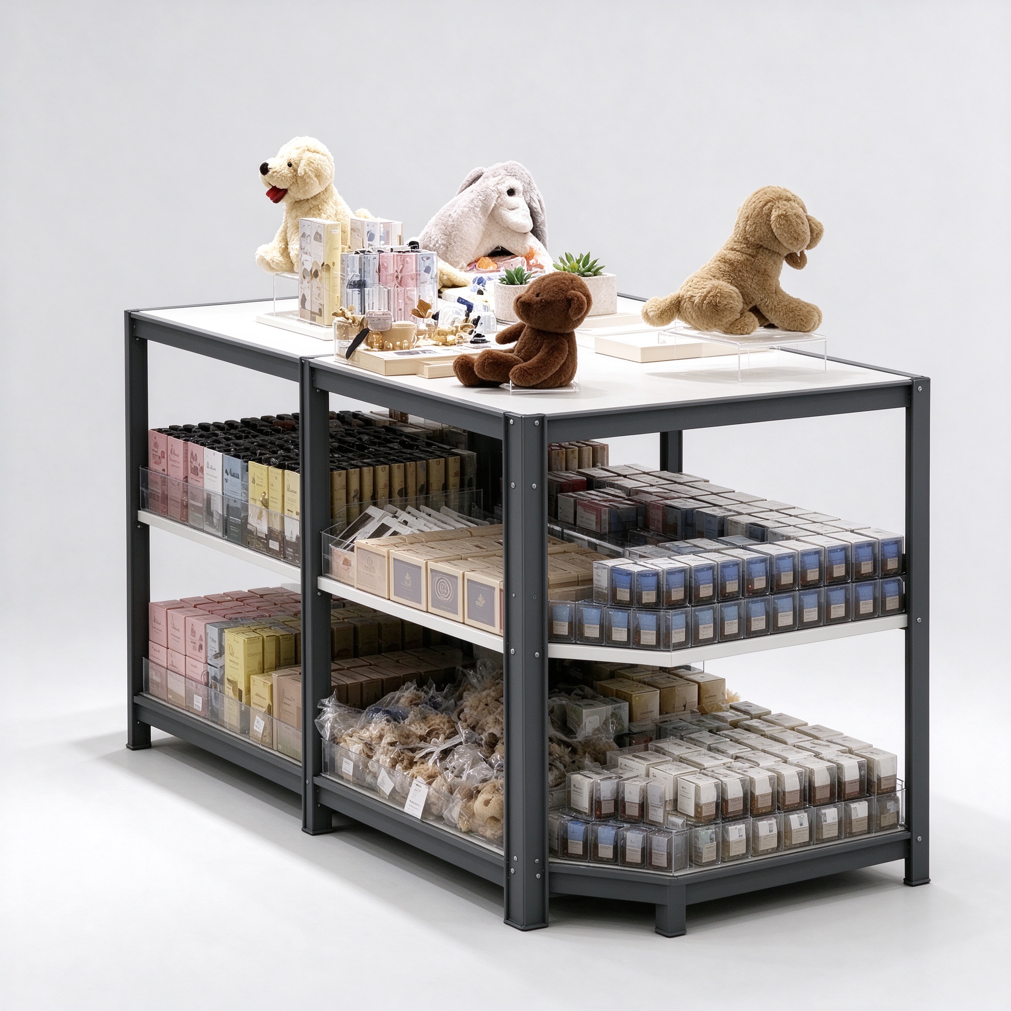 Lifestyle shop island display table, right 45 degree view