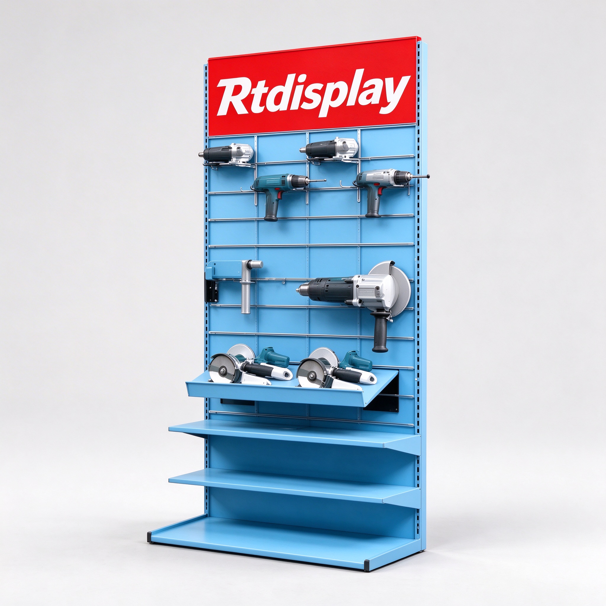 Sky blue pegboard power tool display stand with hook rails, right 45 degree view