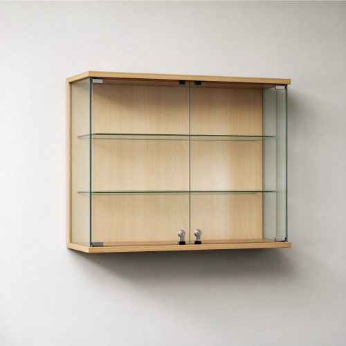 Minimalist wall glass display case left 45 degree view